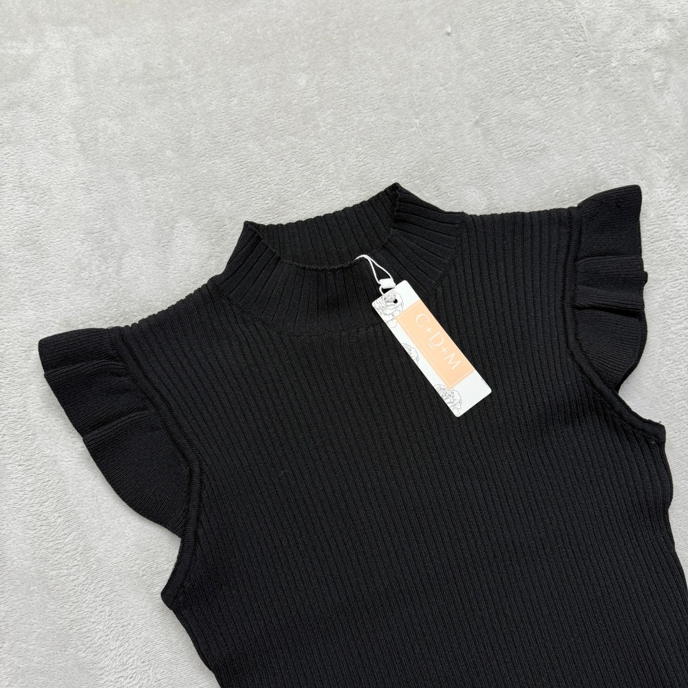 C.D.M Collection Shirt Women's XL Black Ribbed Mock Neck‎ Ruffle Sleeveless Top
